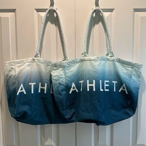 2 Athleta Blue Teal White Ombré Large Canvas Cotton Tote Bags